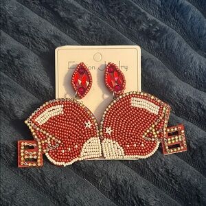NWT Beaded Football Helmet Statement Earrings – Red & White Game Day Glam! ❤️🏈